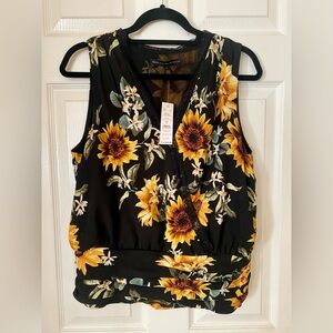 White House Black Market Floral Wrap Blouse - Black and Yellow